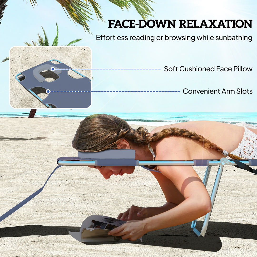Foldable Sun Lounger, Beach Chaise Lounge with Reading Hole, Arm Slots, 5-Position Adjustable Backrest, Side Pocket, Pillow for Garden, Beach, Pool, Grey