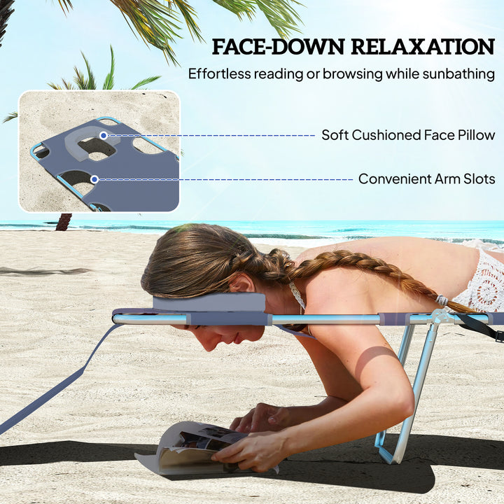Foldable Sun Lounger, Beach Chaise Lounge with Reading Hole, Arm Slots, 5-Position Adjustable Backrest, Side Pocket, Pillow for Garden, Beach, Pool, Grey