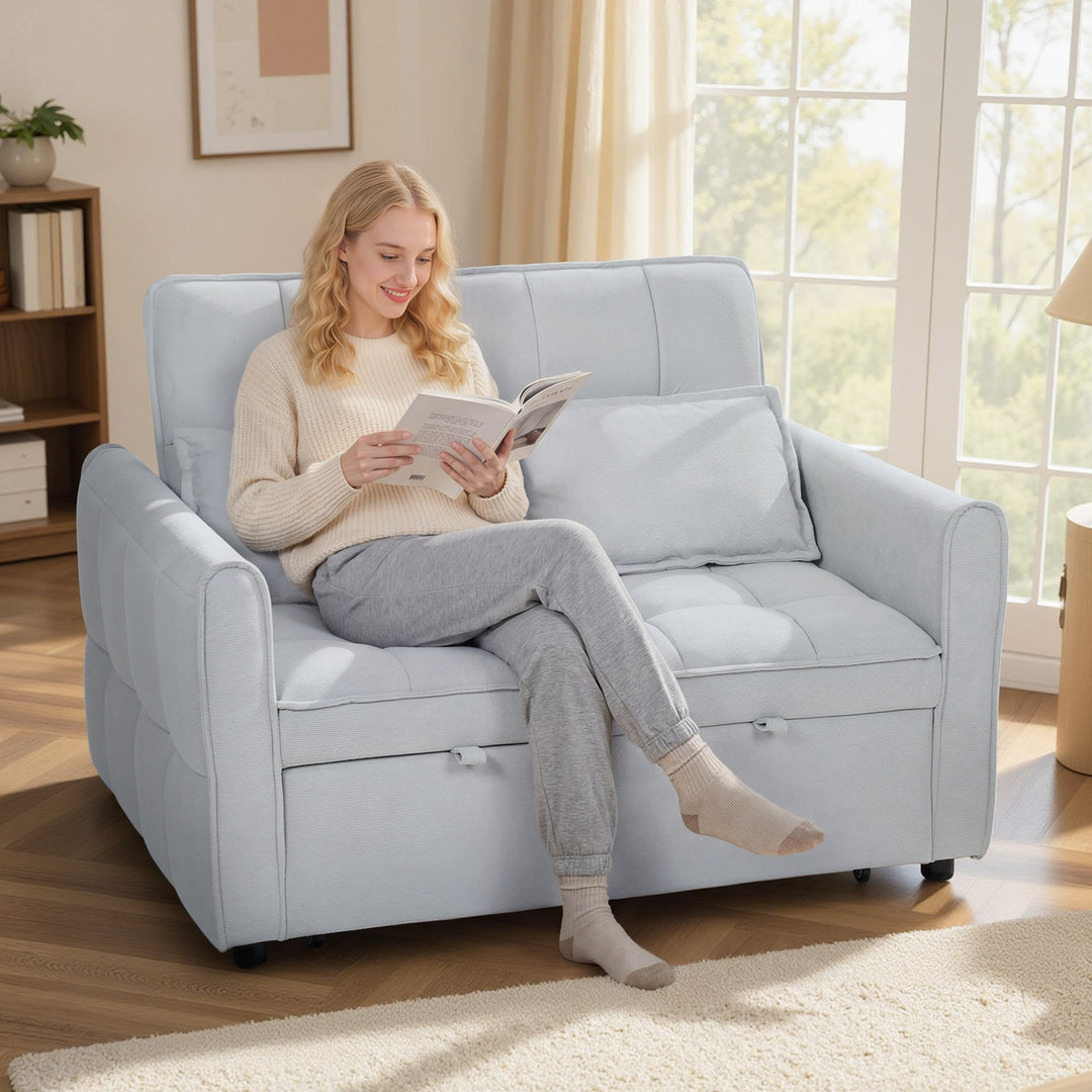 2 Seater Sofa Bed, 3-in-1 Convertible Sleeper Sofa with Click-clack Adjustable Backrest and 2 Pillows, Light
