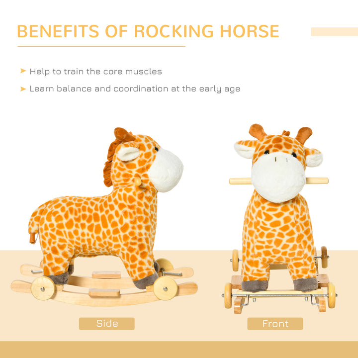 MCL 2 In 1 Kids Todder Rocking Horse Plush Ride On Giraffe Rocker with Wheels Wooden Base Animal Sounds for 3-6 Years