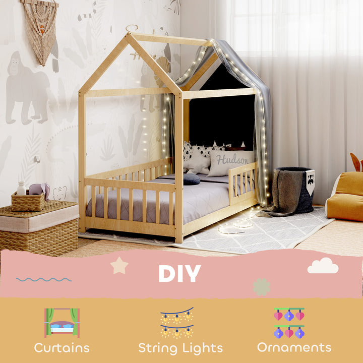 House-Shaped Kids Bed Frame with Guard Rails, Solid Pine Wood Single Bed Frame for Kids Boys and Girls
