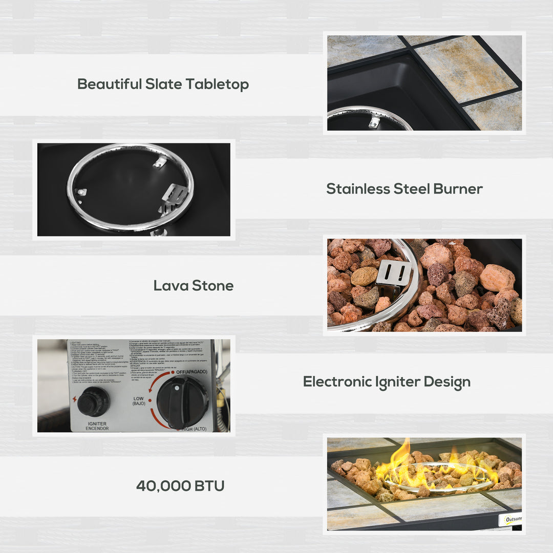 Square Outdoor PE Rattan Fire Pit Table Gas Burner Heater w/ Control Panel, Slate Top, Lid and Lava Rocks, 50,000 BTU