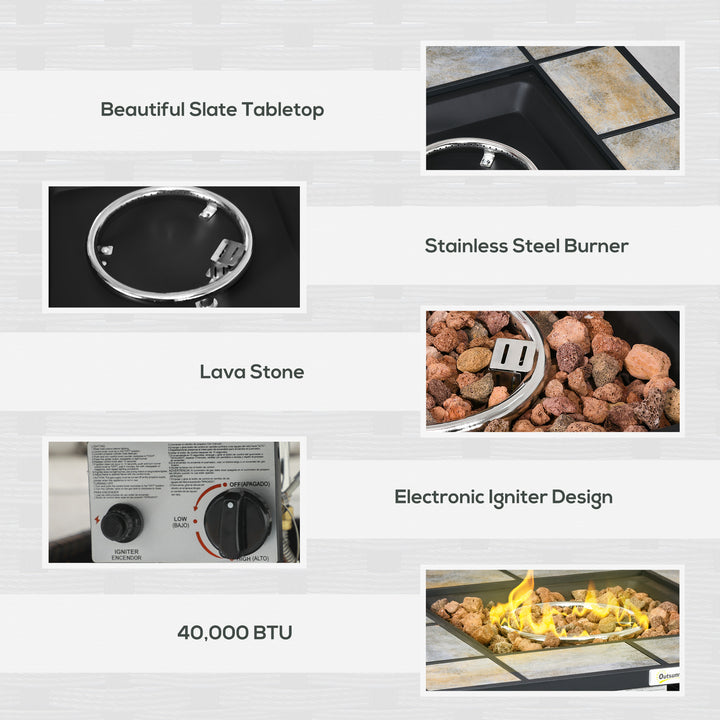 Square Outdoor PE Rattan Fire Pit Table Gas Burner Heater w/ Control Panel, Slate Top, Lid and Lava Rocks, 50,000 BTU