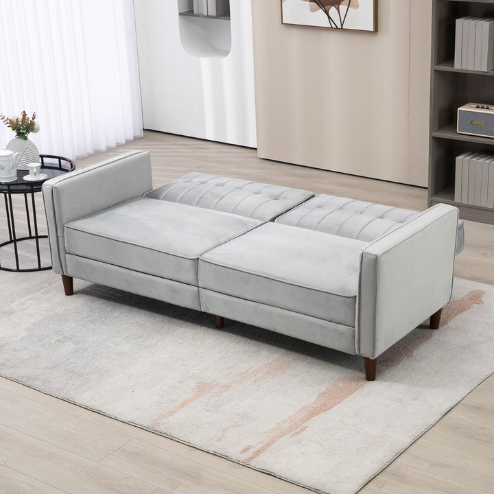 Modern Convertible Sofa Futon Velvet-Touch Tufted Couch Compact Loveseat with Adjustable Split Back, Light Grey
