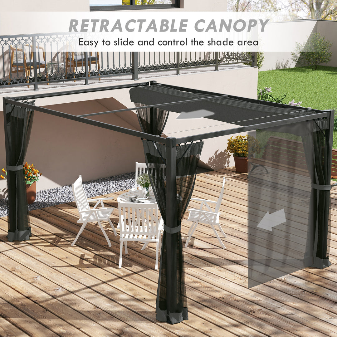 Outsunny 3 x 4m Retractable Pergola, Garden Gazebo Shelter with Nettings, for Grill, Patio, Deck, Dark Grey