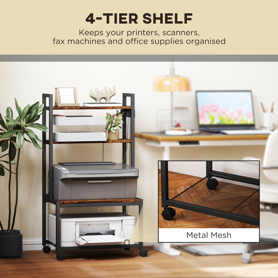 4-Tier Printer Stand with Power Outlets and Wheels - Rustic Brown
