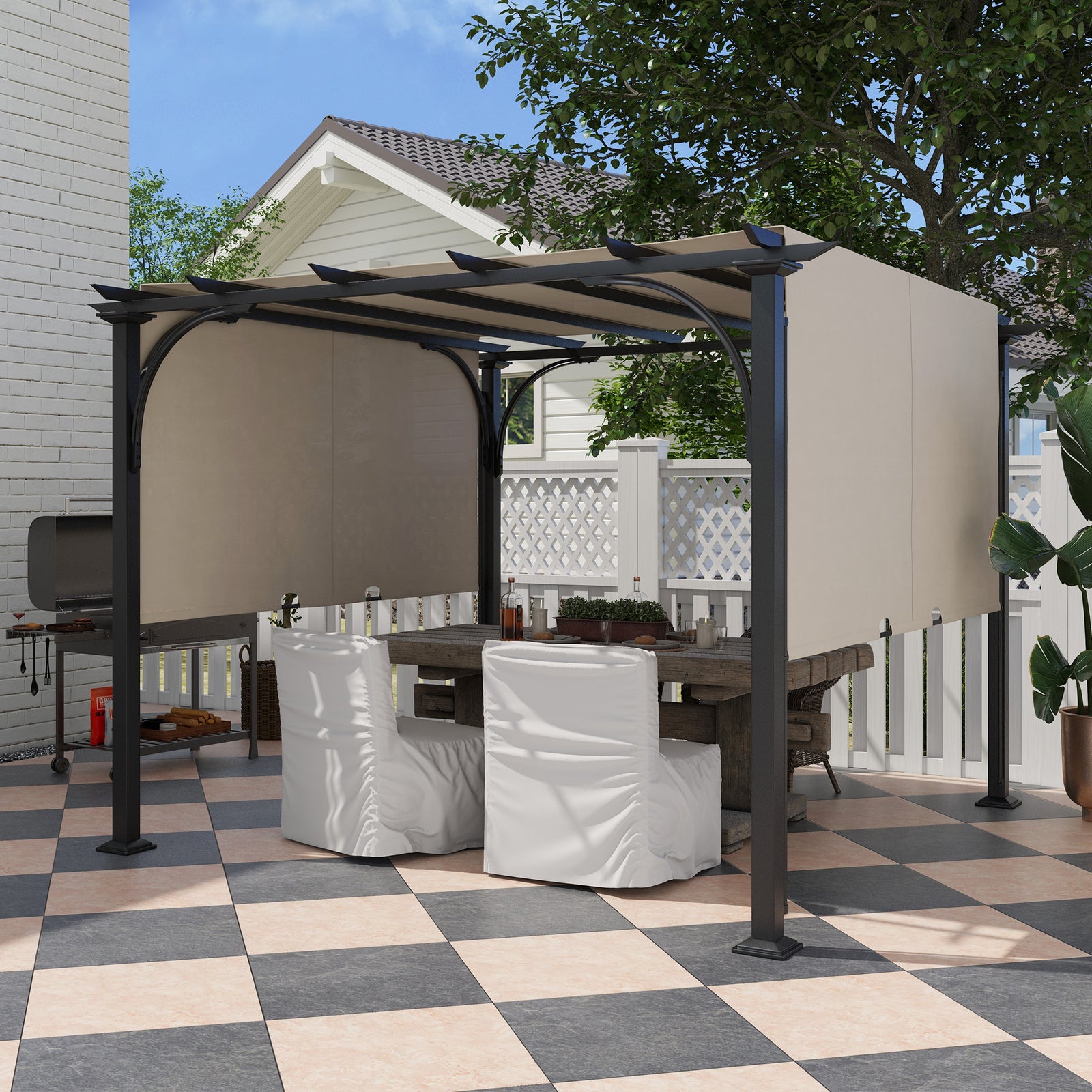 3 x 3(m) Outdoor Pergola, Garden Pergola Gazebo with Adjustable Canopy, Beige