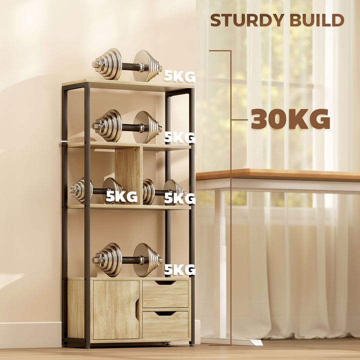 4-Tier Bookcase, Bookshelf with 1 Cabinet and 2 Drawers for Living Roo