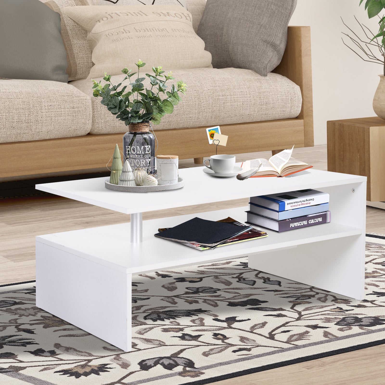 Coffee Table with Storage, 2-Tier Centre Table, Modern Living Room Table with Open Shelf and Aluminium Poles, White