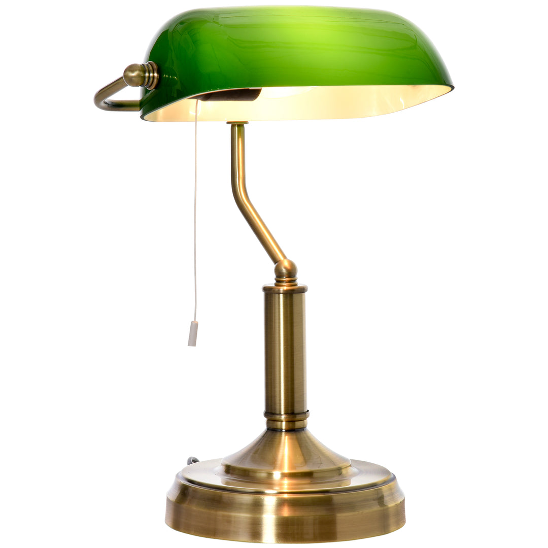 Banker's Desk Lamp with Antique Bronze Tone Base, Table Lamp with Green Glass Shade for Home Office, Green