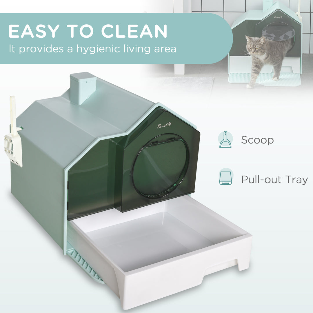 PawHut Cat Litter Tray, Hooded with Scoop, Easy Clean, Privacy for Cats, Light Blue