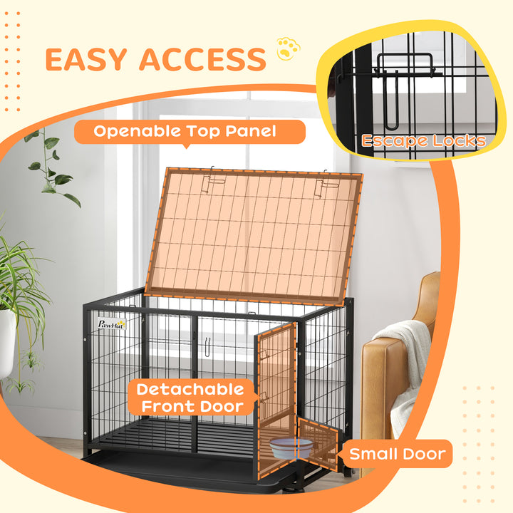 PawHut Heavy Duty Dog Crate on Wheels w/ Bowl Holder, Removable Tray, Detachable Top, Double Doors for L, XL Dogs