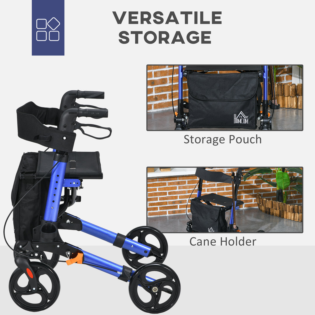 4 Wheel Rollator with Seat and Back, Folding Mobility Walker with Carry Bag, Adjustable Height, Dual Brakes, Cane Holder, Lightweight Aluminium Walking Frame for Seniors and Disabled, Blue