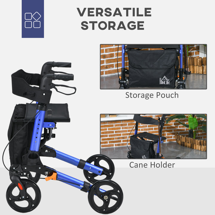 4 Wheel Rollator with Seat and Back, Folding Mobility Walker with Carry Bag, Adjustable Height, Dual Brakes, Cane Holder, Lightweight Aluminium Walking Frame for Seniors and Disabled, Blue