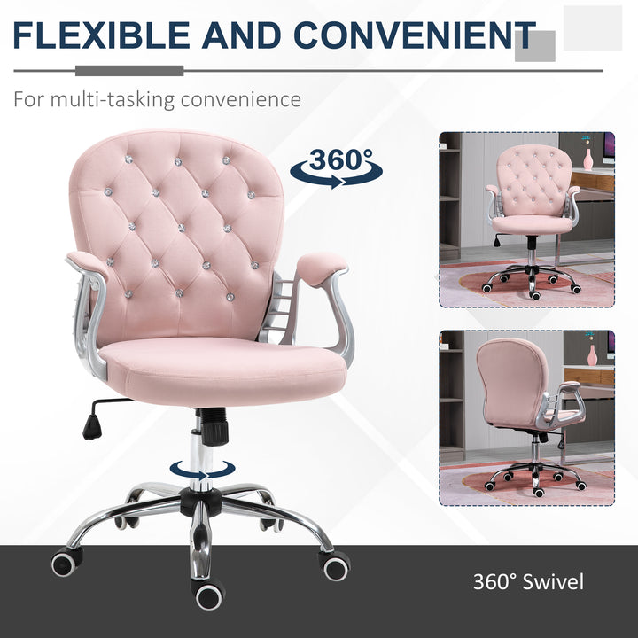 Office Chair, Swivel Desk Chair, Velvet Vanity Chair with Adjustable Height and Rolling Wheels for Home Work Study, Pink