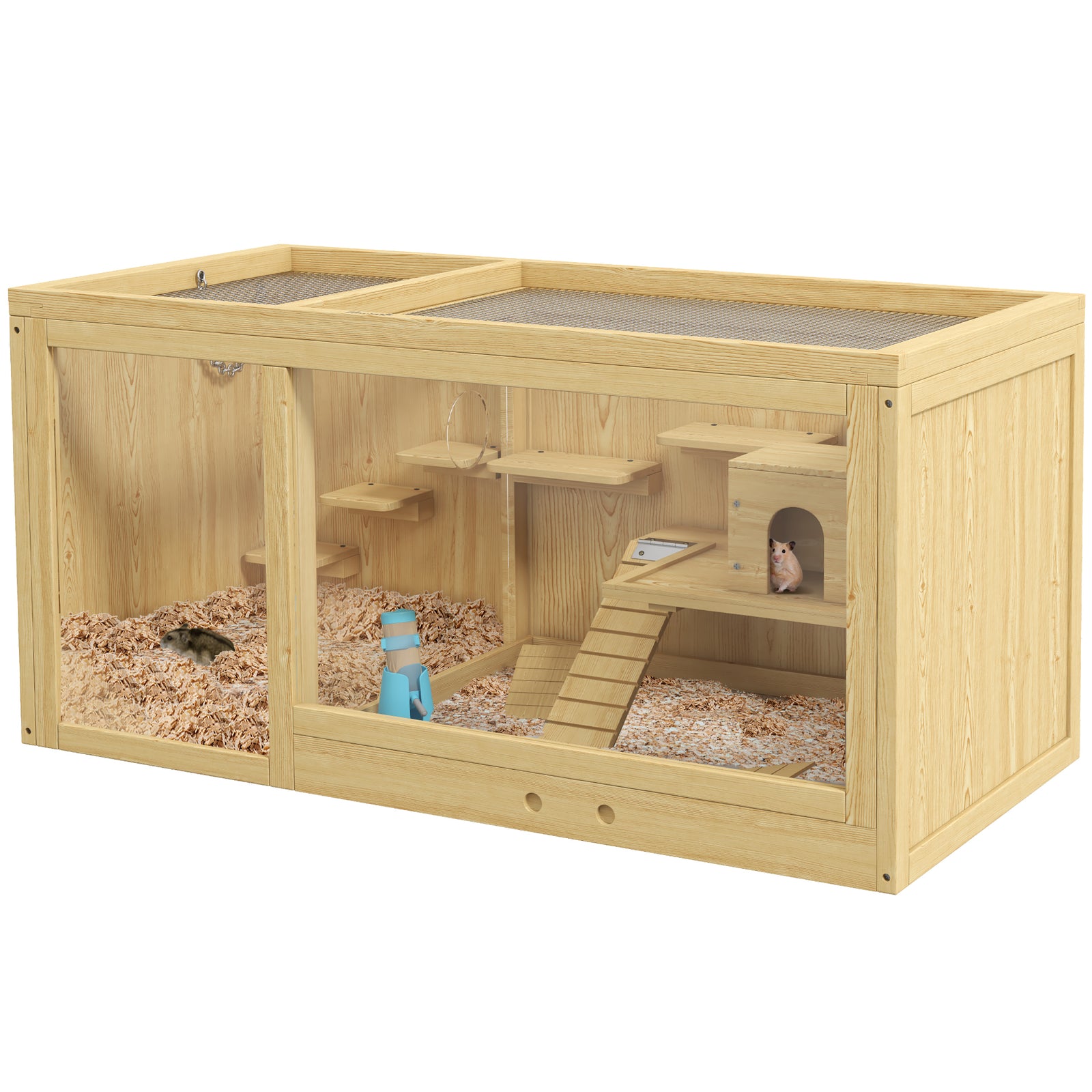Wooden Hamster Cage with Water Bottle, Platforms, Openable Roof, Sliding Tray, Hut, Seesaws, Natural Wood Finish