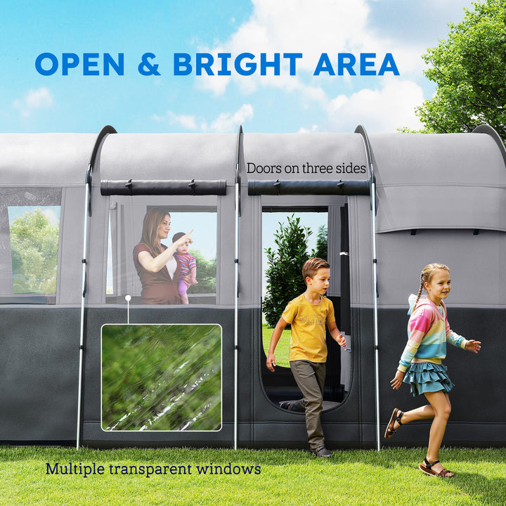 8-Person Camping Tent, Waterproof Family Tent, Tunnel Design, 4 Large Windows, Sleeping Cabins 3000mm Water Column Grey