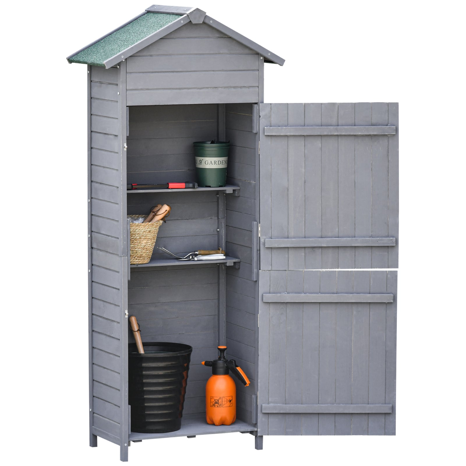 Wooden Garden Storage Shed Utility Gardener Cabinet w/ 3 Shelves, Tilted-felt Roof and Two Lockable Doors, 79cm x 49cm x 191.5cm, Dark Grey