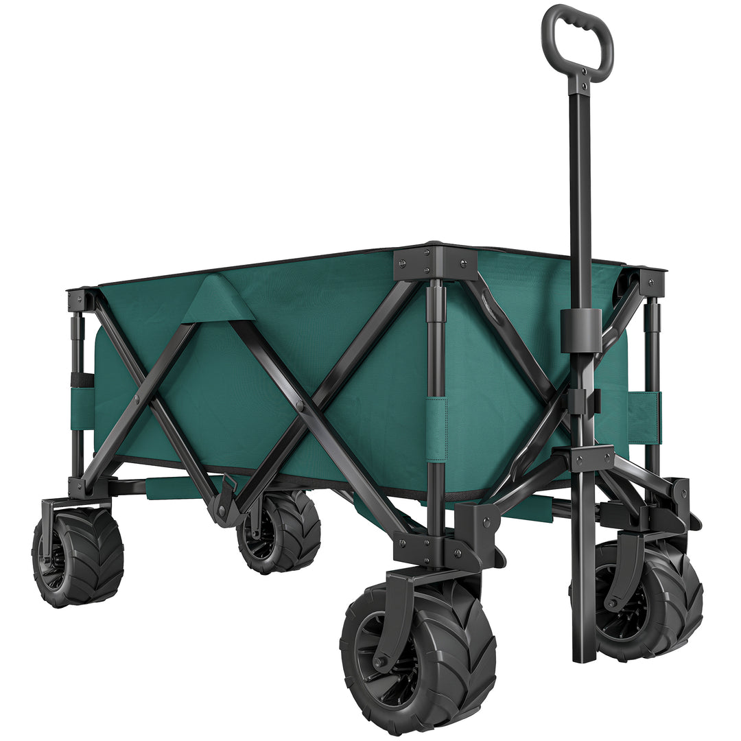 140L Festival Trolley on Wheels, Folding Camping Trolley Cart with Telescopic Handle, Big Wheels for Outdoor Garden Beach Fishing, Green
