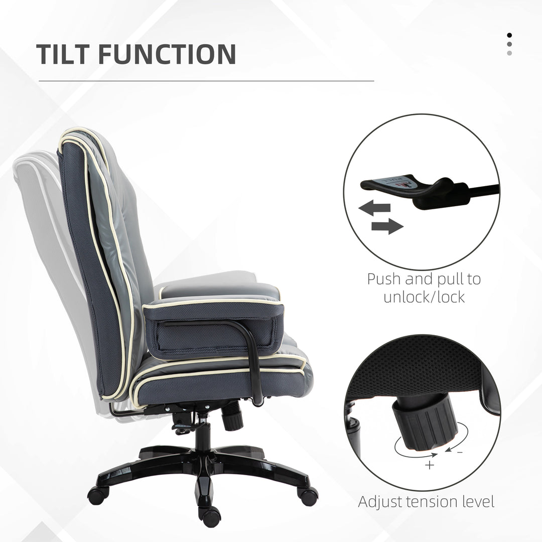 Faux Leather Executive Office Chair, with Contrast Piping - Grey/White