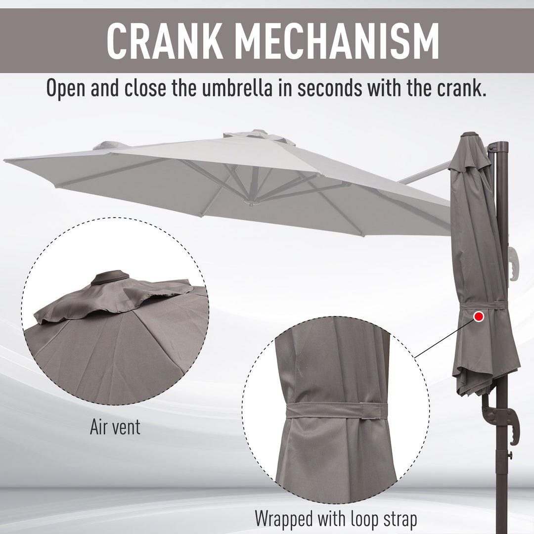 Outsunny 3M Roma Umbrella Sun Shade Cantilever Hanging Parasol w/ Cross Base Hand Crank Aluminium Frame 360°Rotation - Grey | Aosom UK