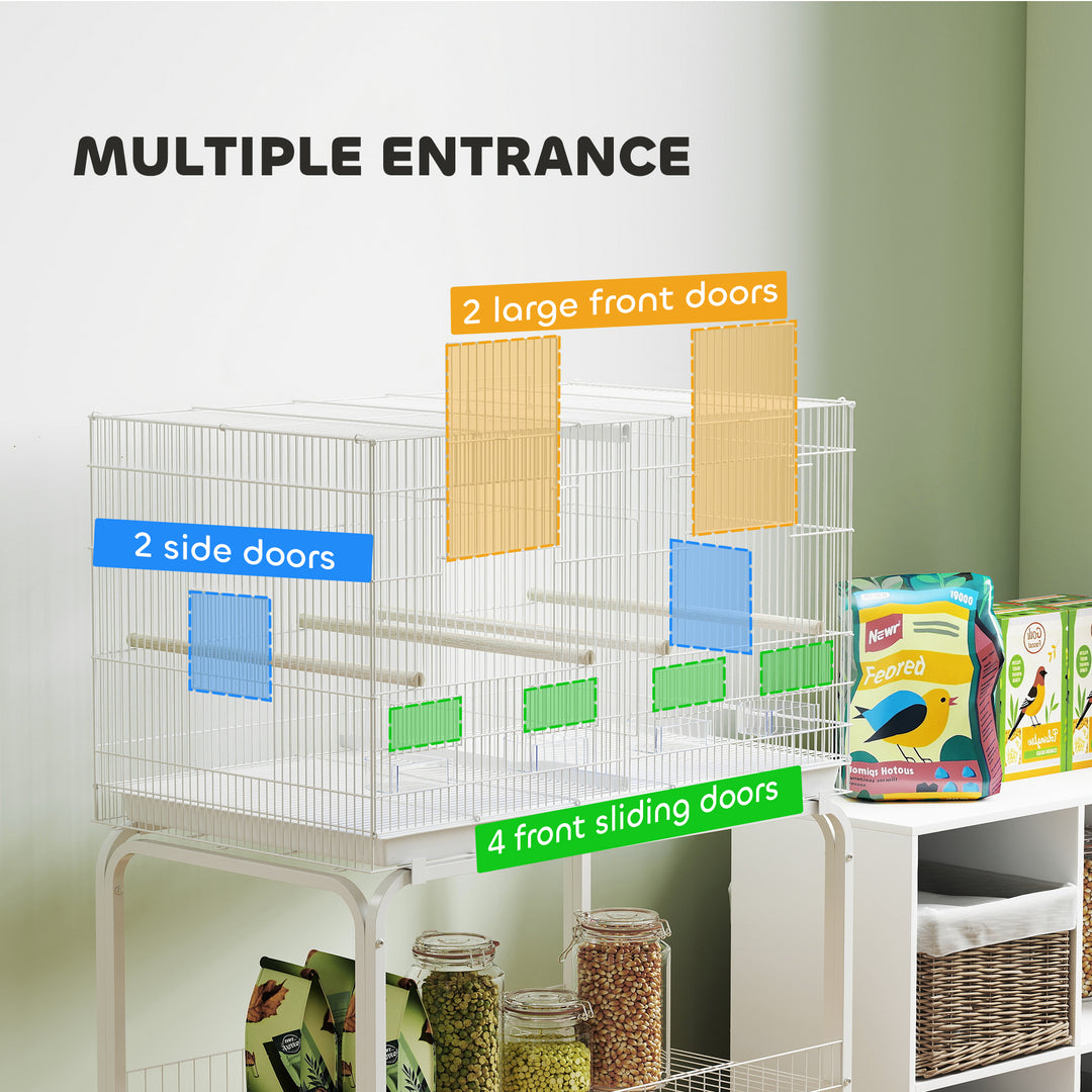 Bird Cage with Divider, 4 Wooden Perches, Slide Out Tray, 4 Feeders, for Budgie, Lovebird, Canary, 76 x 46 x 116cm White
