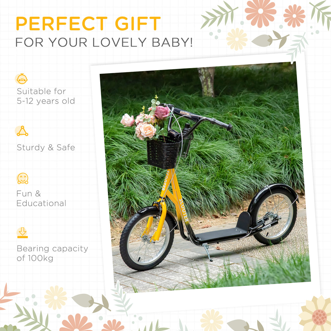 Kids Scooter, Kick Stunt Scooter with Adjustable Handlebar, Dual Brakes, Basket, Cupholder, Mudguard, 16" Inflatable Rubber Wheels, for 5-12 years, Orange