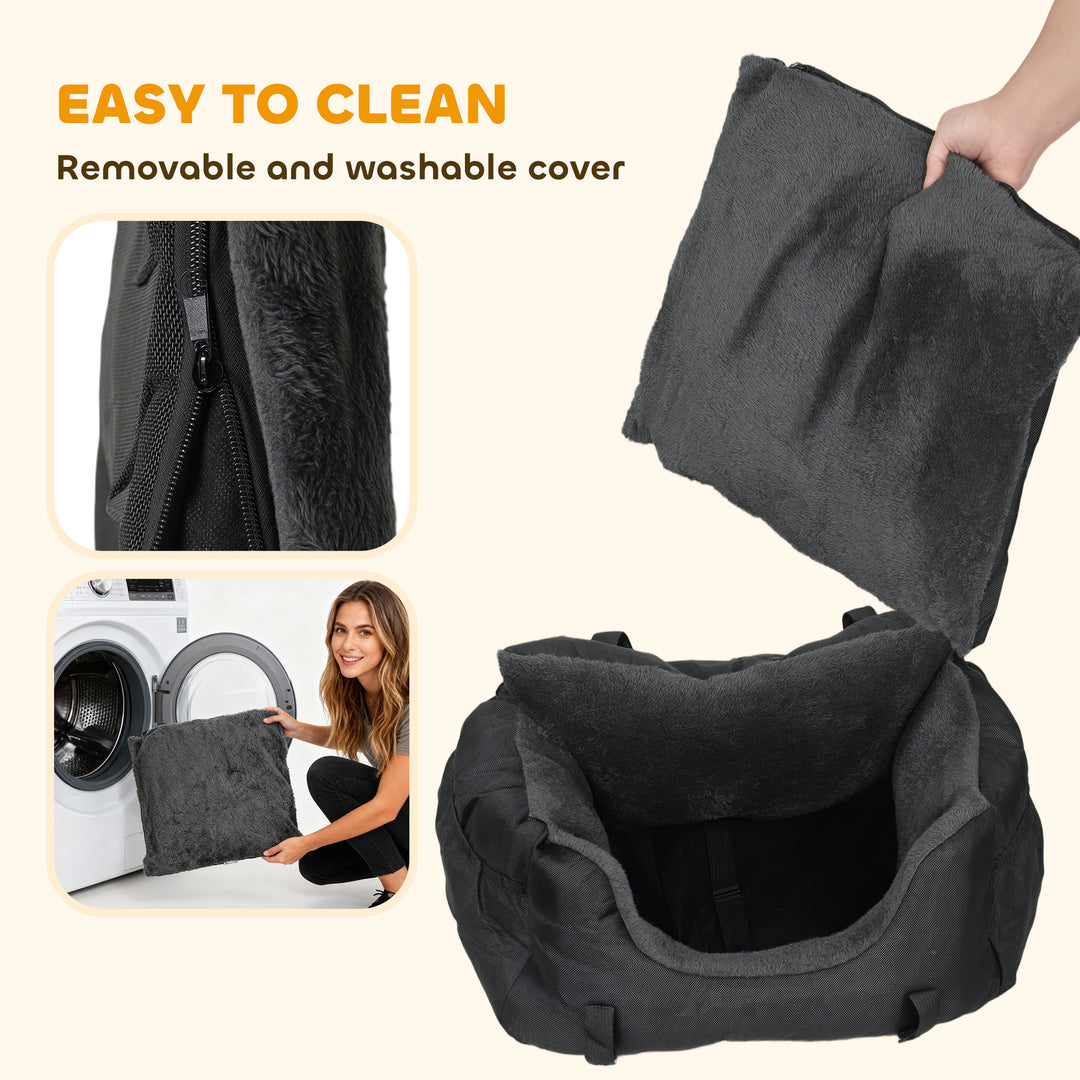 MCL Dog Car Seat for Small Dogs with Fixed Buckle, Safety Leash, Washable Cover, 58 x 45 x 28 cm, Black