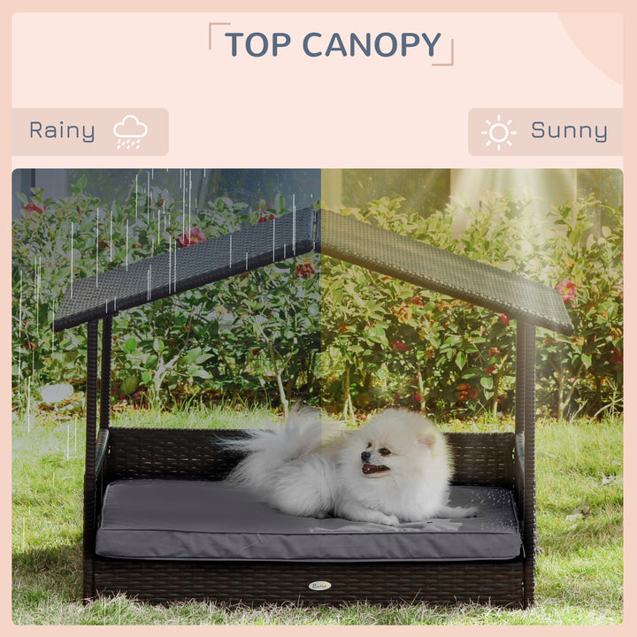 Wicker Dog Bed, Elevated Rattan Dog House with Removable Cushion and Canopy, for Small and Medium Dogs, 98 x 69 x 70cm - Grey