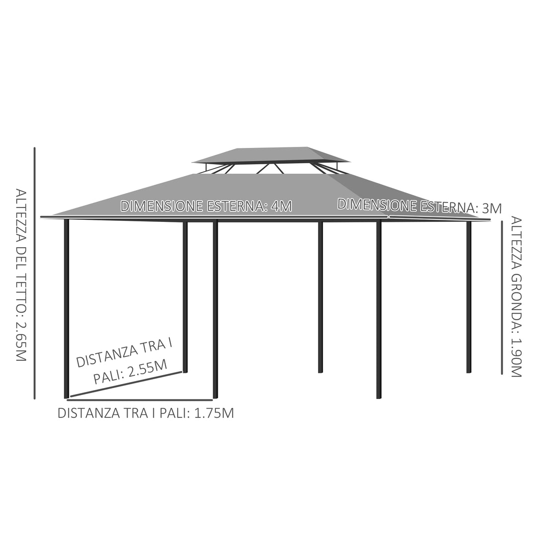 4m x 3(m) Metal Gazebo Canopy Party Tent Garden Pavillion Patio Shelter Pavilion with Curtains Sidewalls, Dark Grey