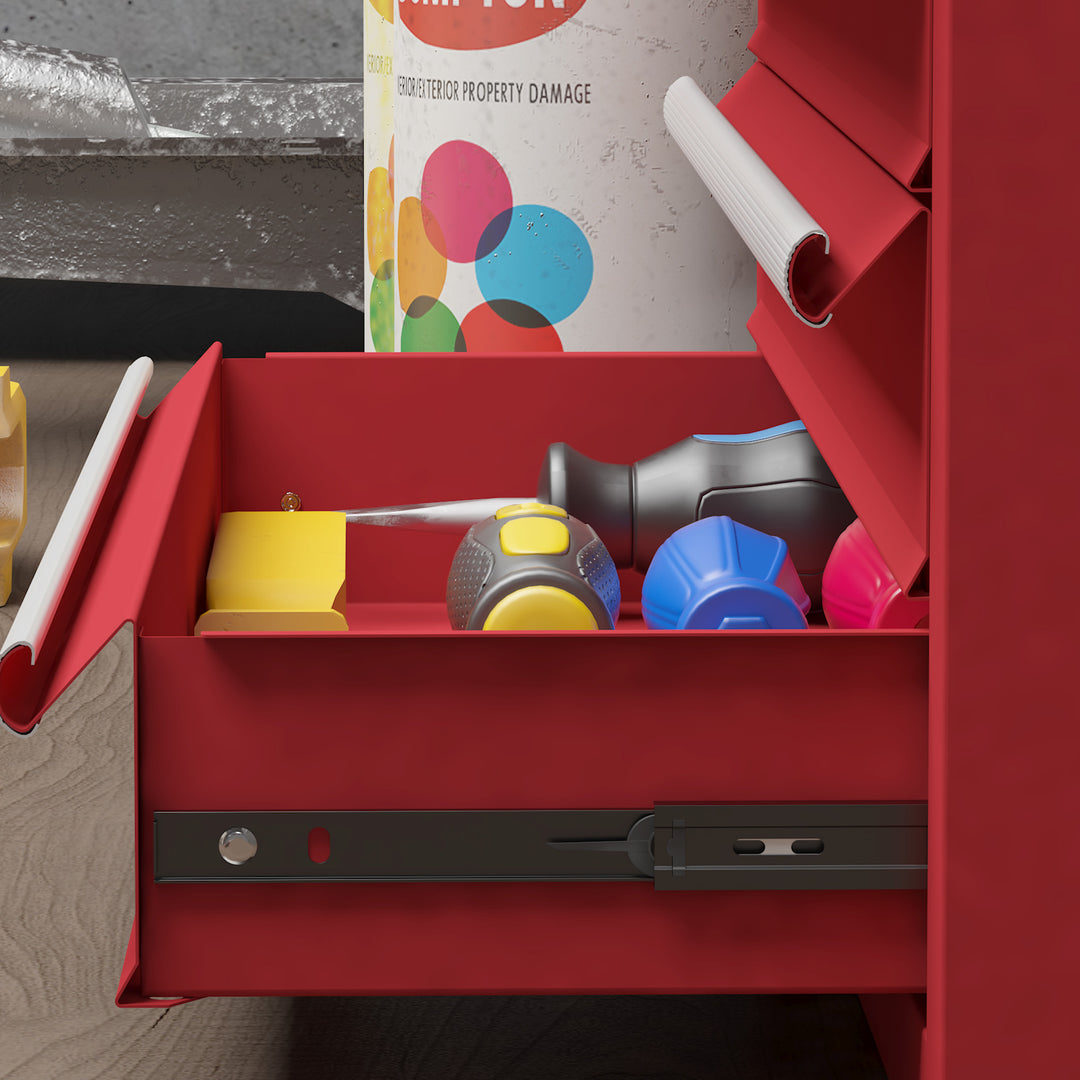 Lockable Metal Tool Box, 4 Drawer Tool Chest with Latches, Handle, Ball Bearing Runners, Red