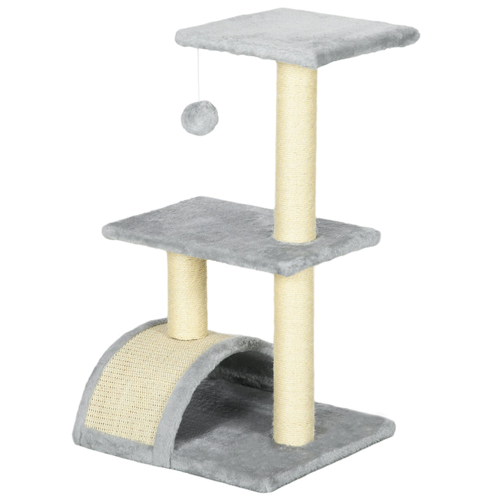 PawHut Compact Cat Tree for Indoor Use, Multi-Level with Sisal Scratching Posts, Cushioned Platform, Hanging Ball, Light Grey | Aosom UK