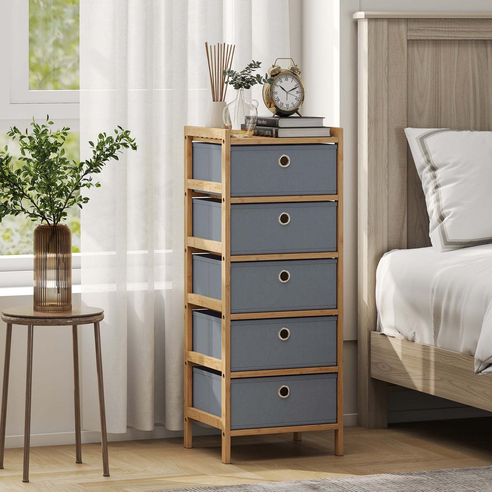 Chest of Drawers, 5 Fabric Drawers Narrow Dresser with Bamboo Frame, L
