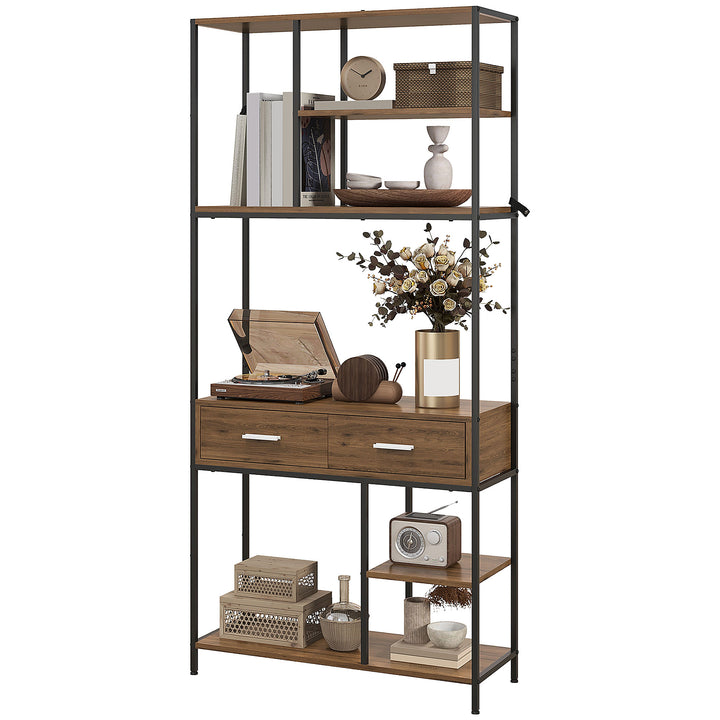 HOMCOM Seven-Shelf Industrial Display Shelf, with Drawers - Brown/Black | Aosom UK