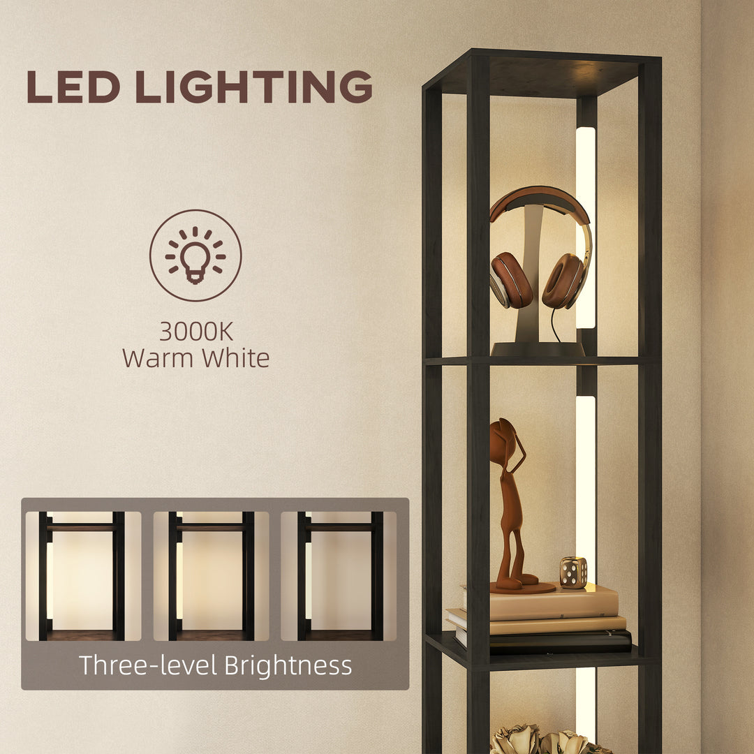 Floor Lamp with Shelves, LED Column Modern Standing Lamp with Fabric Drawer, Adjustable Brightness, Foot Switch for Living Room, Bedroom, Office, Black
