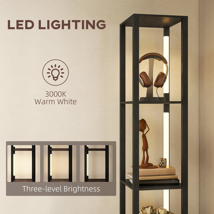 Floor Lamp with Shelves, LED Column Modern Standing Lamp with Fabric Drawer, Adjustable Brightness, Foot Switch for Living Room, Bedroom, Office, Black