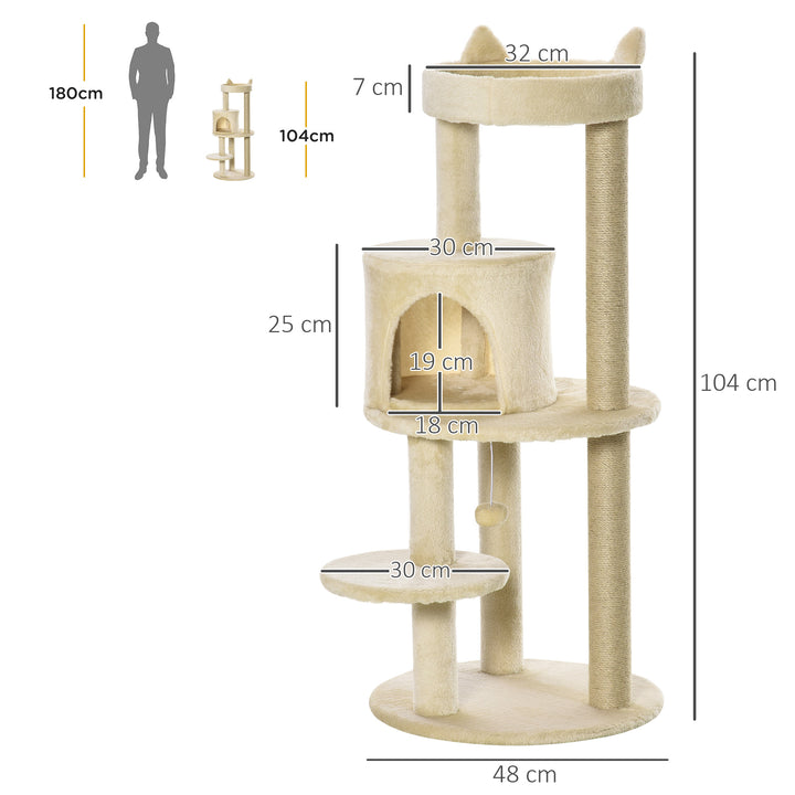 PawHut Sisal-Covered Cat Tree Tower, Pet Activity Centre with Scratching Post, Cosy Perch, Beige, 48 x 48 x 104cm | Aosom UK