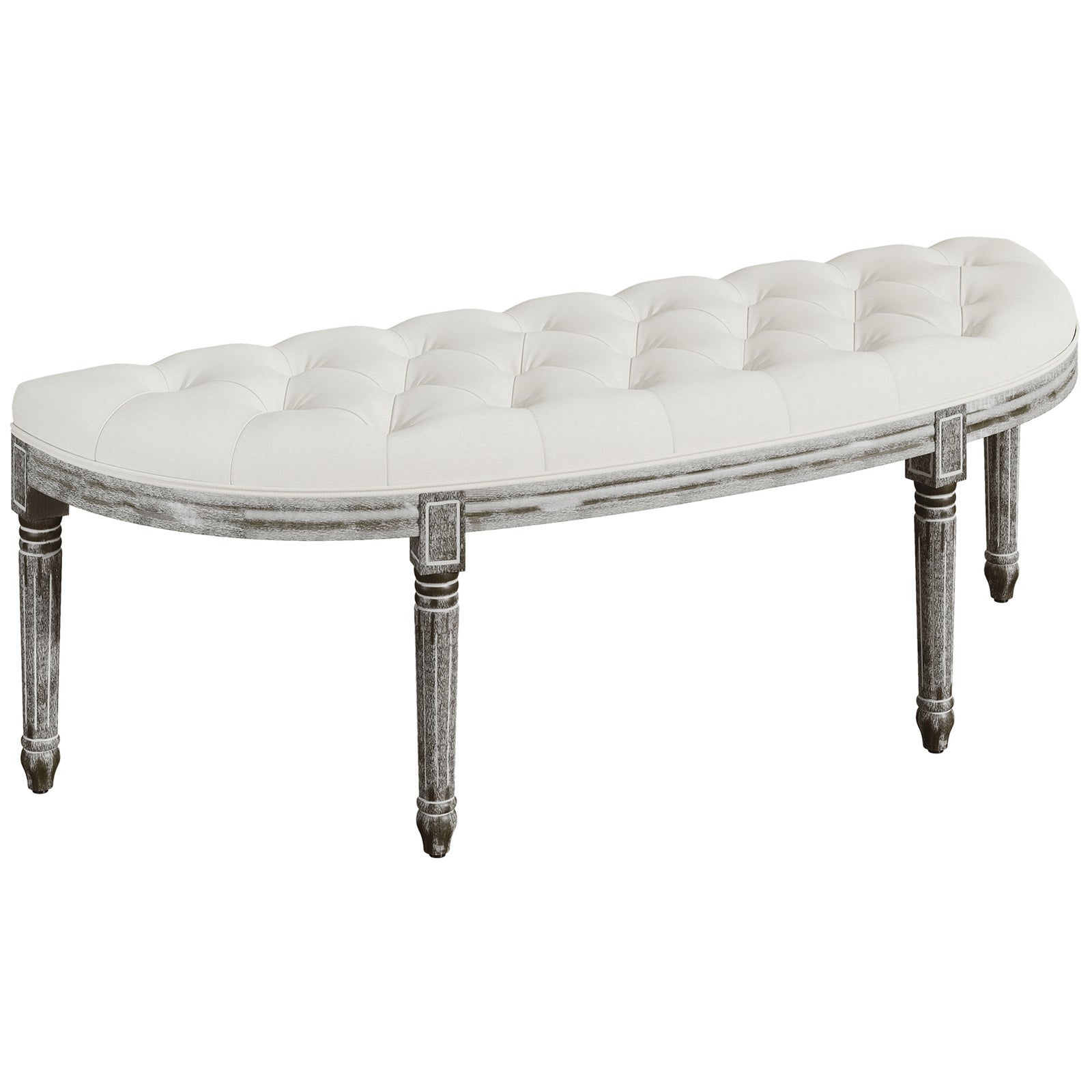 Half-Circle End Bench Ottoman Footstool Tufting Padded Seat Brushed Wood Base Antique Accents Home Seat Furniture Cream White and Light Wood Grain Leg