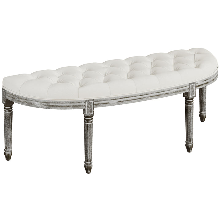 MCL Half-Circle End Bench Ottoman Footstool Tufting Padded Seat Brushed Wood Base Antique Accents Home Seat Furniture Cream White and Light Wood Grain Leg
