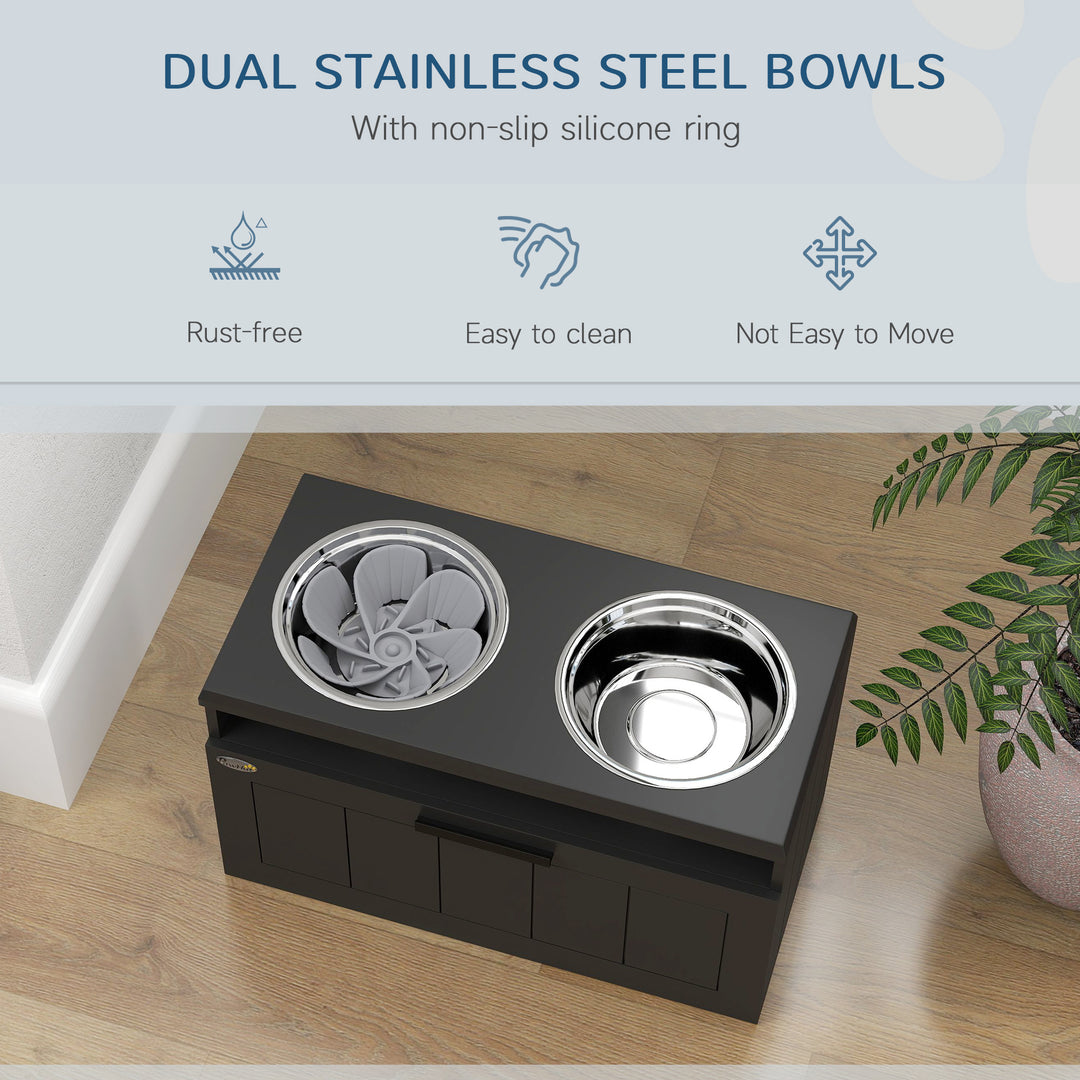 Raised Dog Bowl with Slow Feeder, Two Stainless Steel Dog Bowls, Drawer, for Large and Extra Large Dogs, Black