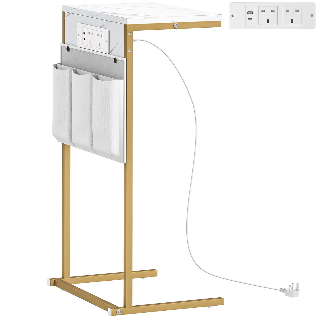 C-Shaped Bedside Table with Charging Station, Marble Grain Side Table with Power Outlets & USB Ports, Storage Bags, for Bedroom, Living Room, White