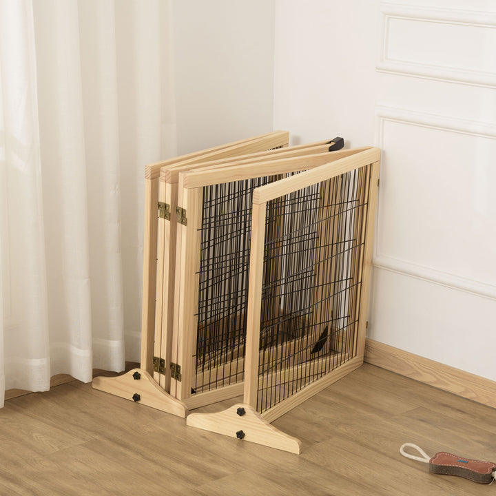 Wooden Pet Gate, Freestanding Dog Safety Barrier with Two Support Feet - Natural Tone