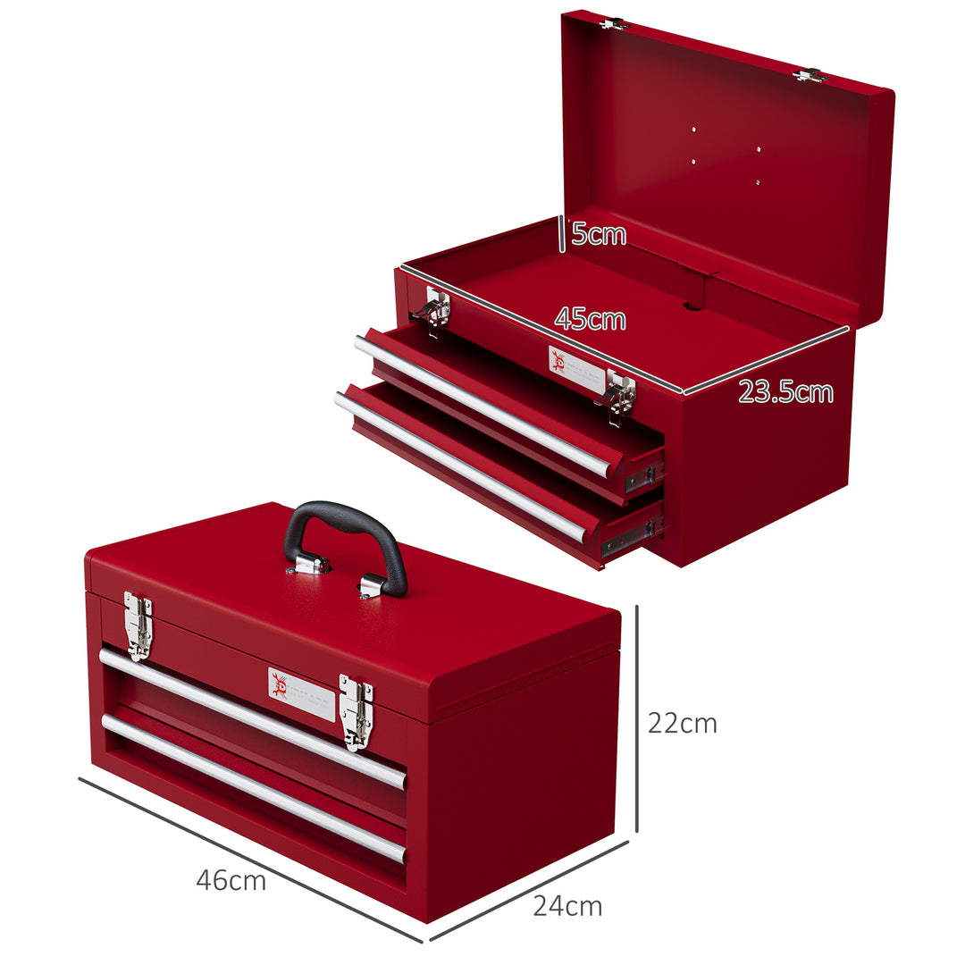 DURHAND Metal Tool Box with Lock, 2 Drawer Chest, Latches, Ball Bearing Runners, Portable, Red | Aosom UK