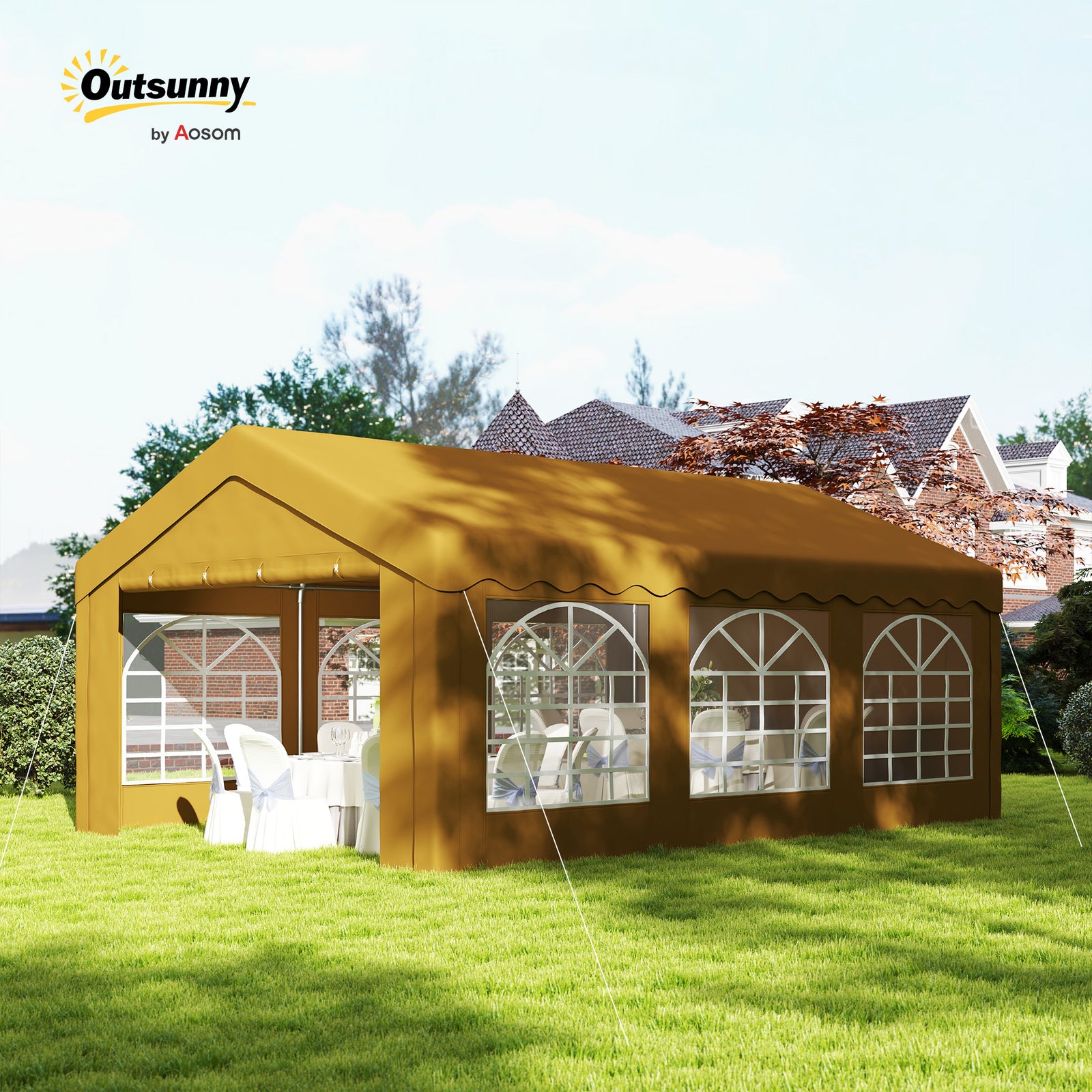 6m x 4m Marquee Party Tent Wedding Canopy, Pop Up Gazebo with Sidewalls, Doors, Windows, Galvanised Garden Gazebo for Parties Events, Yellow