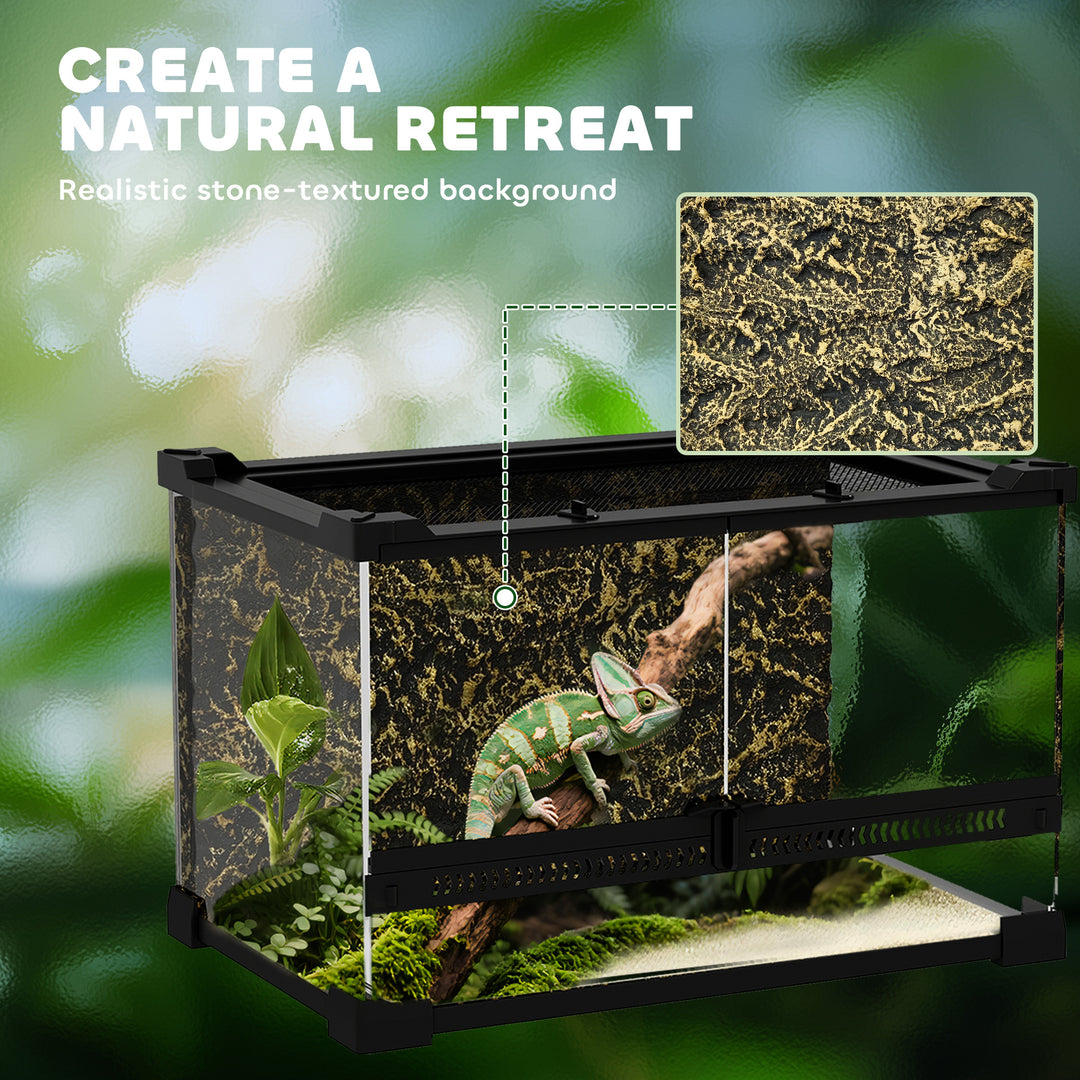Reptile Glass Terrarium with Stone Background, Front Ventilation, Escape-Proof Knob Lock, 30 x 20 x 20 cm, Black