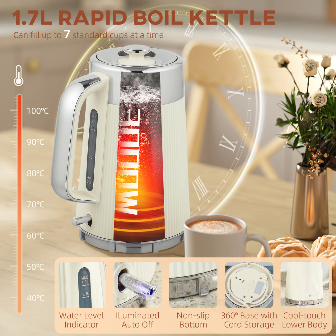 Electric Kettle and Toaster Set, 3000W 1.7L UK Strix Thermostat Rapid Boil Jug Kettle with Limescale Filter, Cool Touch Body, 4 Slice Toaster with 7 Browning Controls, Crumb Tray, Cream
