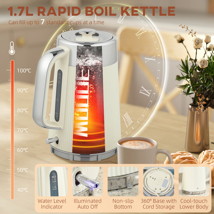Electric Kettle and Toaster Set, 3000W 1.7L UK Strix Thermostat Rapid Boil Jug Kettle with Limescale Filter, Cool Touch Body, 4 Slice Toaster with 7 Browning Controls, Crumb Tray, Cream