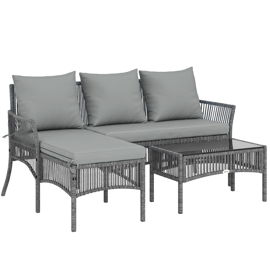 3 Piece Rattan Garden Furniture Corner Sofa Set with Chaise Lounge, Lo