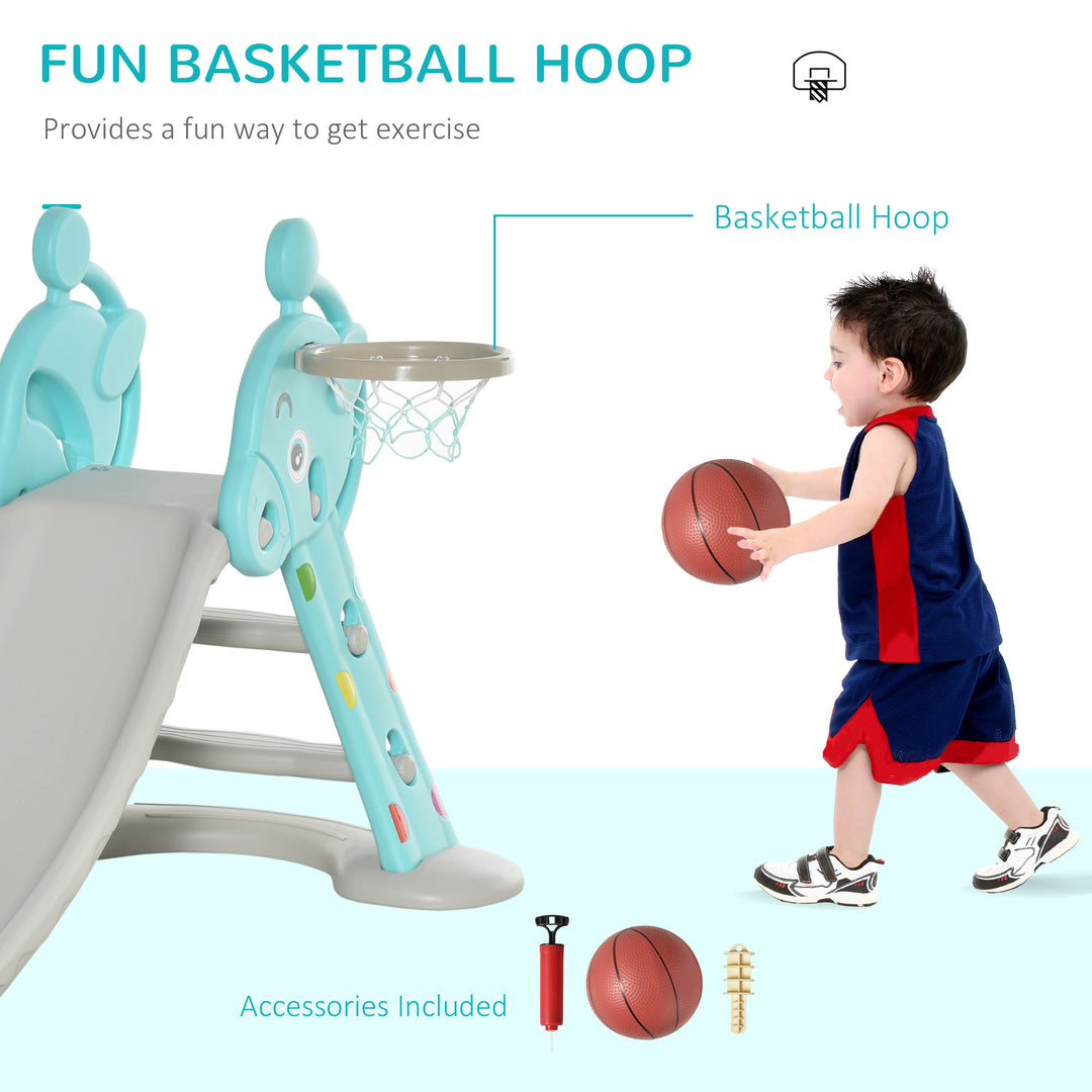 HOMCOM Kids 2 in 1 Slide with Basketball Hoop, Toddler Freestanding Slider Playset, 18 months - 4 Years - Deer Shaped, Blue | Aosom UK