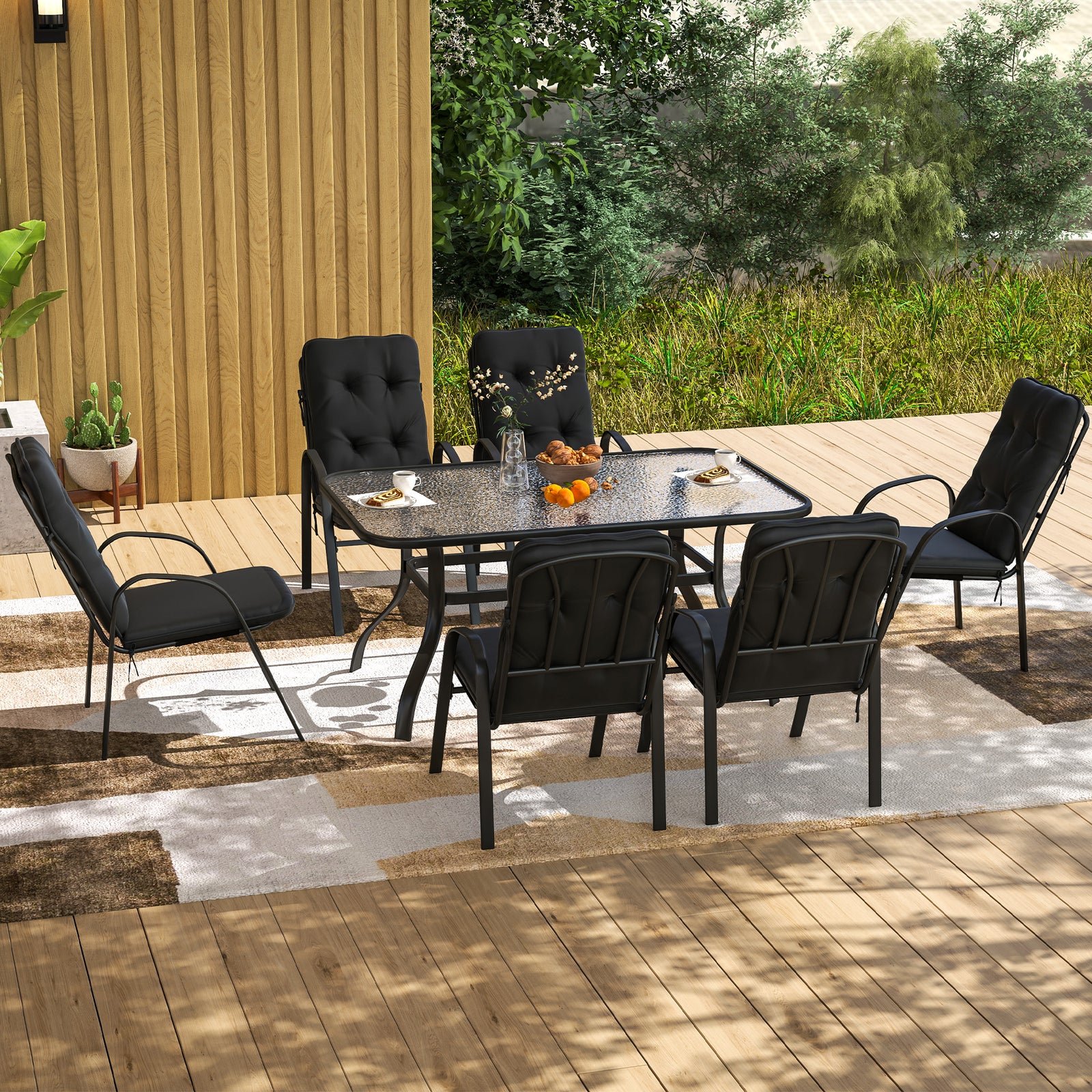 Seven-Piece Garden Dining Set with Cushions - Black